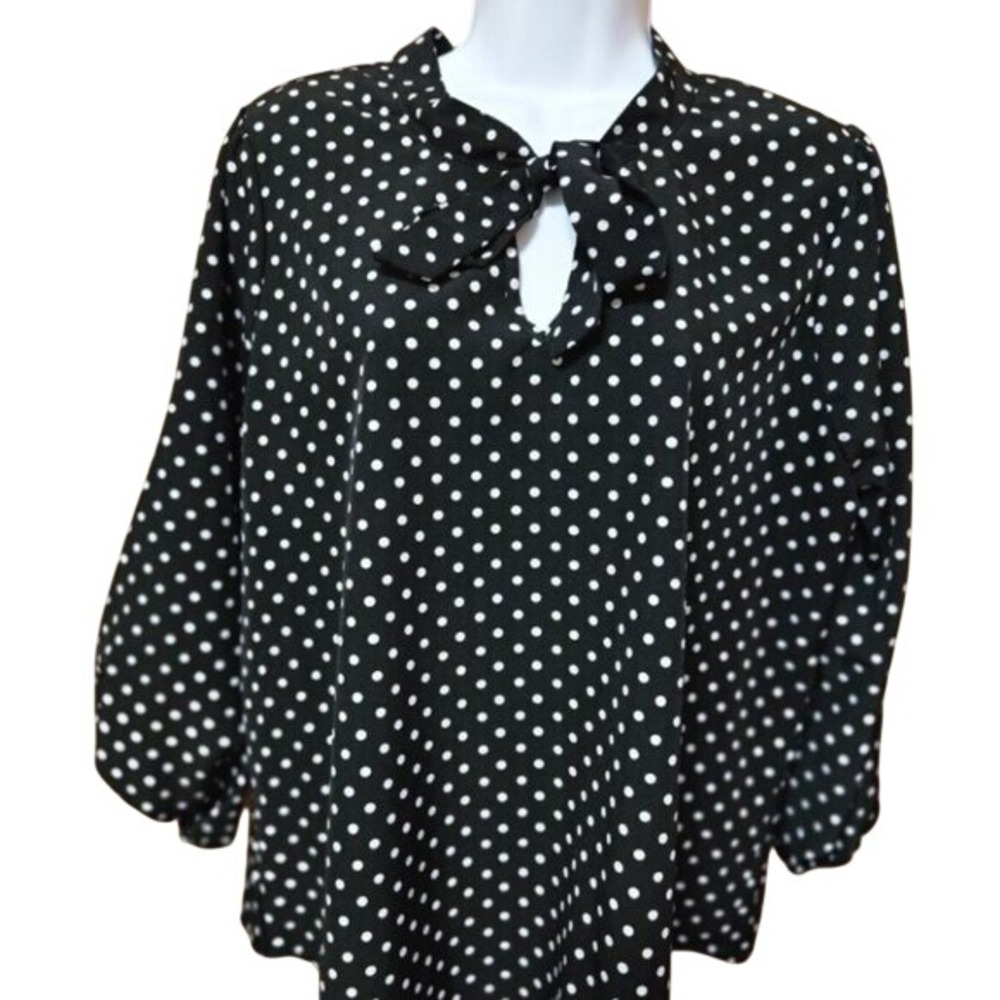 Adrienne Vittadini Black White Polka Dot Bow Neck Blouse Top Size Large